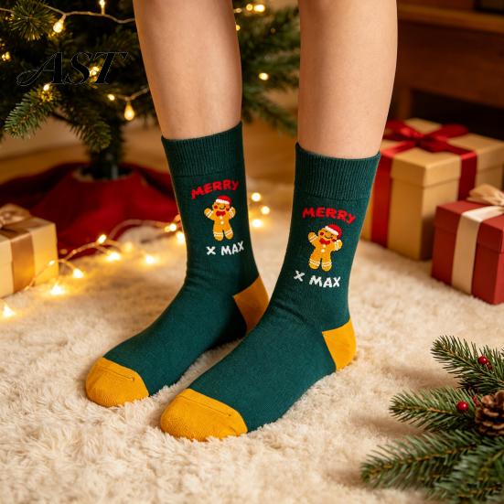 Christmas Stocking Stuffers Cute Stockings, Cotton Crew Socks for Women,Soft Breathable Holiday Santa Claus Thermal with Gingerbread Man/Reindeer/Bell