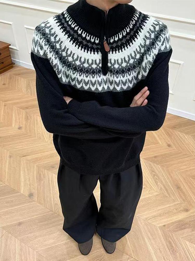 Men's Fair Isle Jacquard Half-Zip Knit Sweater, Autumn/Winter High-Neck Retro Style, Perfect for Couples