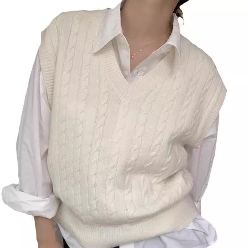 Белый sleeveless пуловер-жилет с V-образным вырезом и фактурной вязкой для женщин - Свитер для ранней осени, ленивый стиль