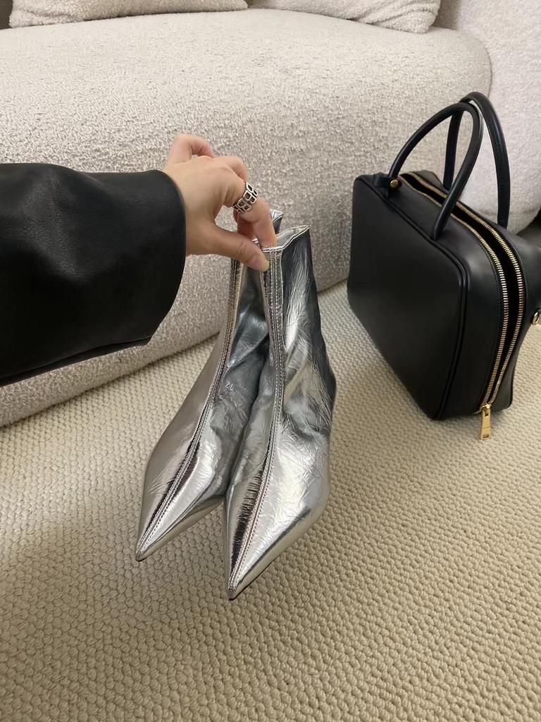Модные женские ботильоны с острым носком, новинка 2024 года, неглубокие туфли-лодочки без застежки, черные, серебристые, зима-осень, туфли-лодочки для вечеринок, женские размеры 35-39