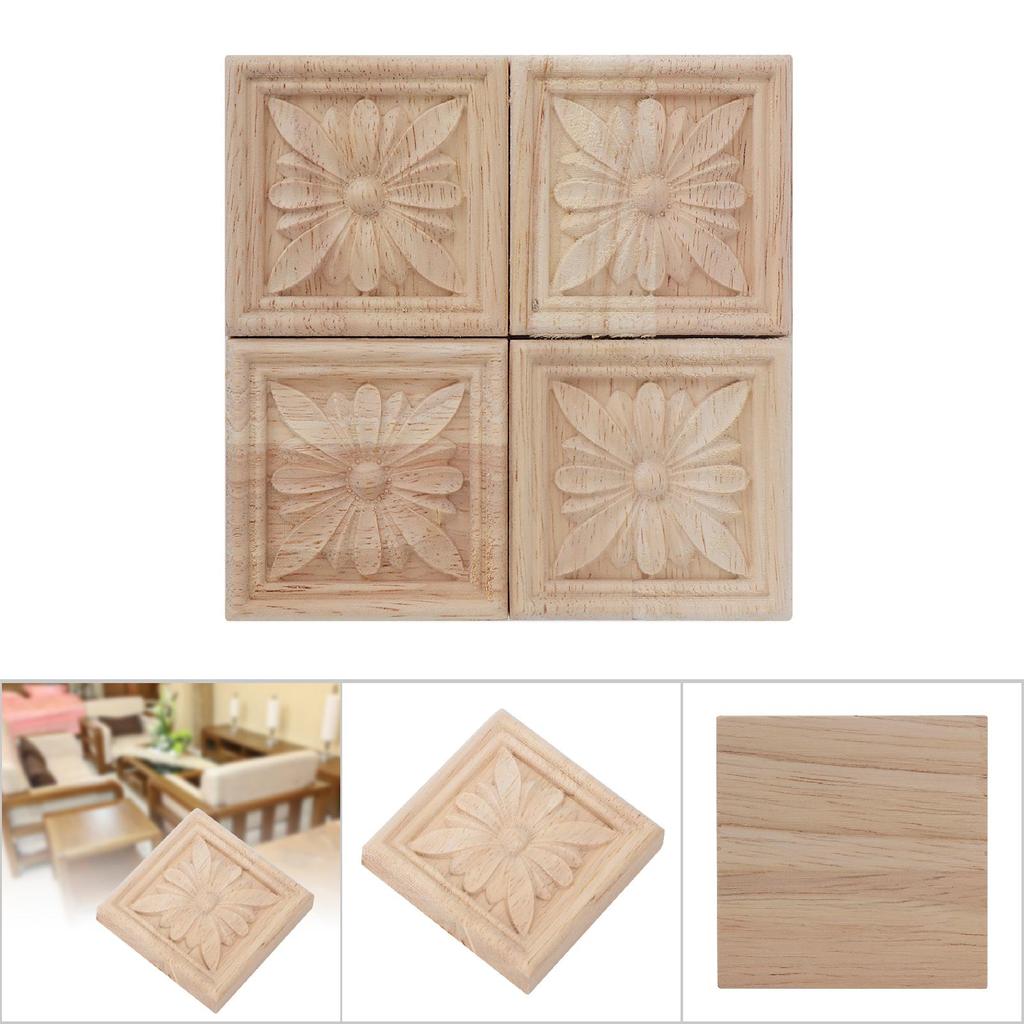 4Pcs Carving Checkered Applique Unpainted Decal for Furniture Decoration (D)