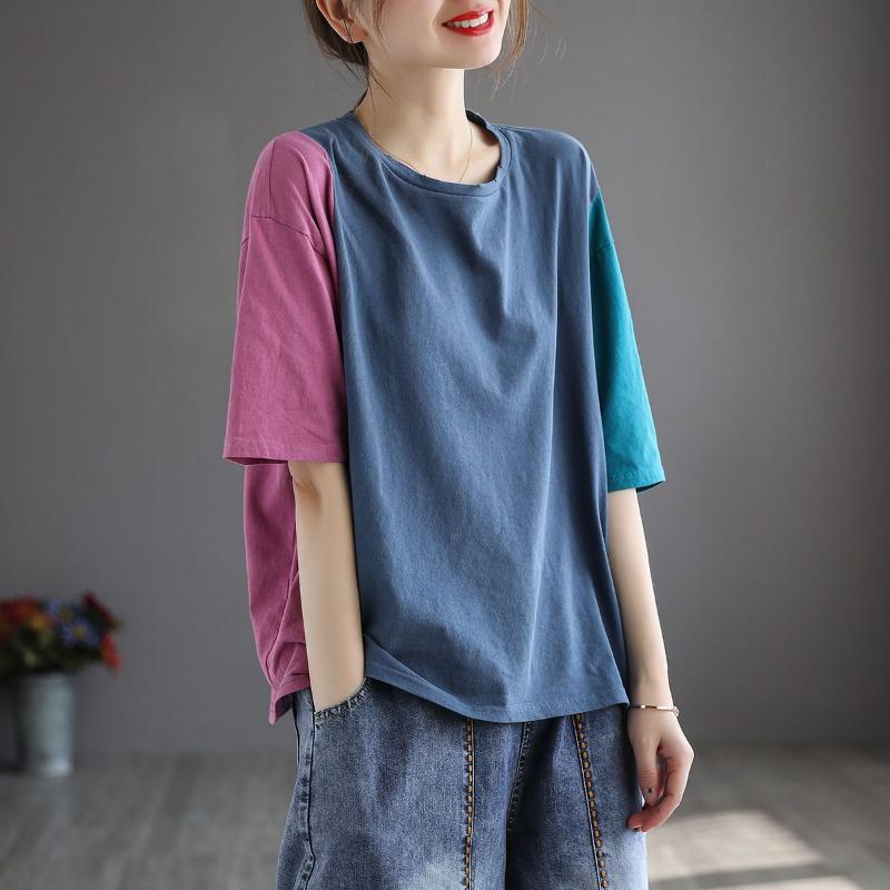 Футболка из 100% хлопка с короткими рукавами, женская свободная хлопковая летняя футболка большого размера с цветным контрастом, винтажный арт-топ женский