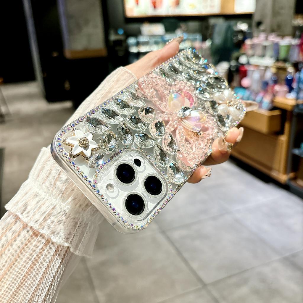 For iPhone 16 Pro Case Glass Rhinestone Decor Butterfly Pattern TPU Phone Back Cover