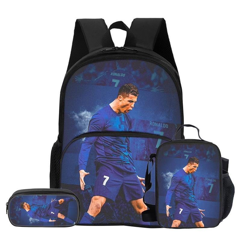 Набор из 3 предметов: Рюкзак Ronaldo с передним карманом, Термосумка-ланч-бокс, Пенал CR, Рюкзак Футбольной Звезды