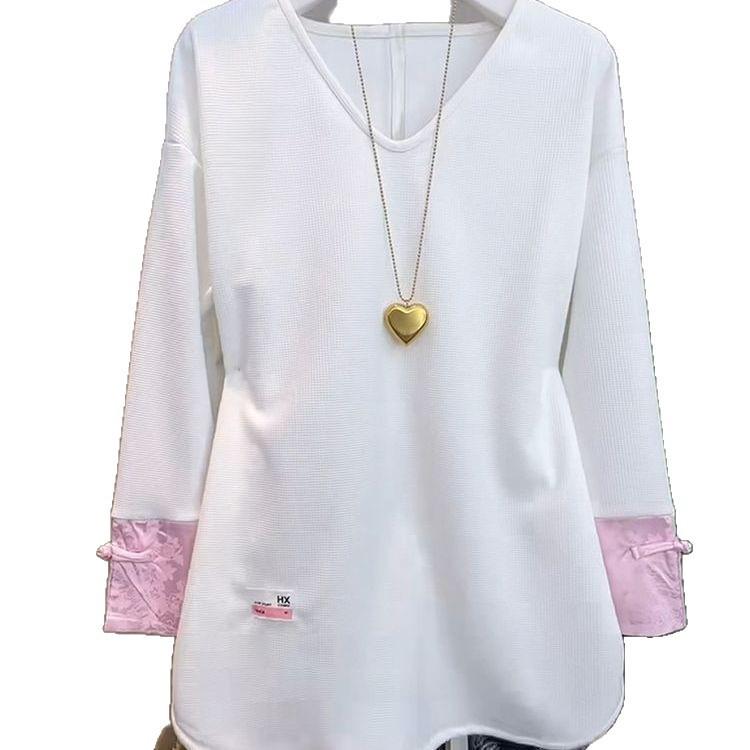 Женская футболка большого размера в китайском стиле с длинным рукавом - Ранняя весна, Свободный стройнящий топ средней длины