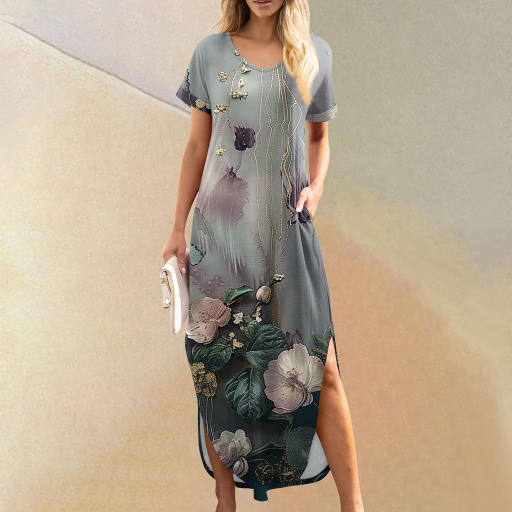 Women Summer Casual Loose  V Neck Short Sleeve Beach Maxi Long Dresses Trendy Outfits