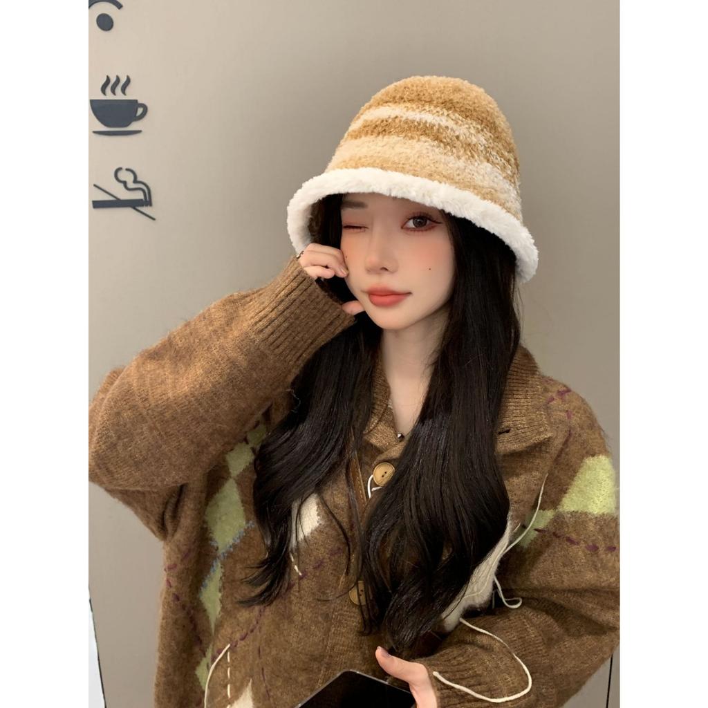 Шапка женская с постепенным изменением цвета, имитация ягненка, панама, допаминовая зимняя теплая плюшевая шапка-тазик