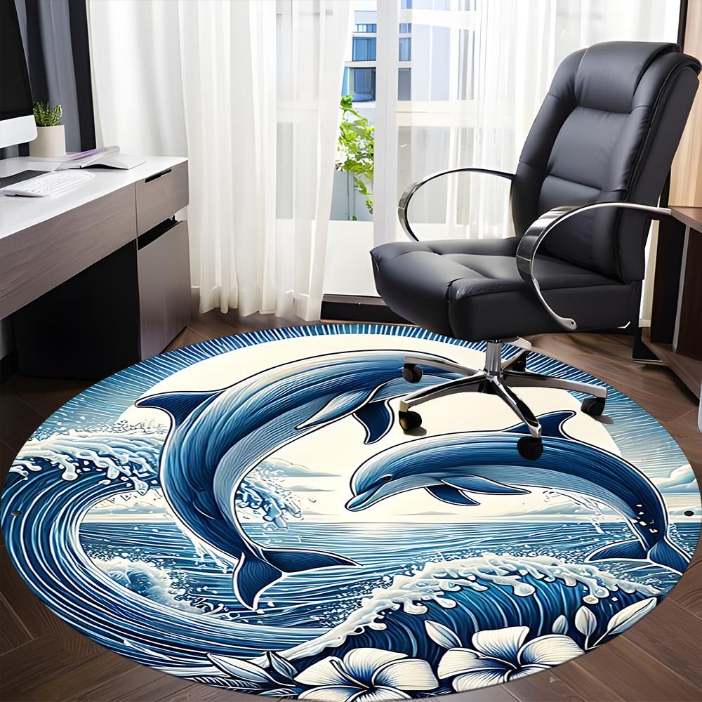 1pc Dolphin waves Office Round Area Rug, Indoor Mat Suitable For Office, Under Office Chairs Bedroom Living Room Home Decor, Room Deco