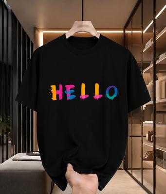 2026 New 100 Cotton Tshirt Rainbow Splash Ink Hello Hand Letter Colorful Print Unisex Casual Tee Casual Short Sleeve