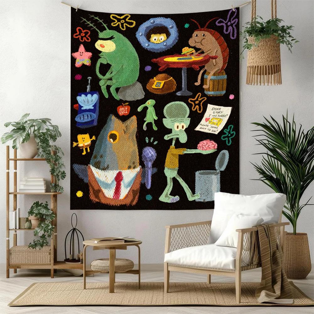 Spongebob Squarepants Wall Decor Tapestry Art For Pet Memorial Birthdaywedding Party Backdrop Family Gift