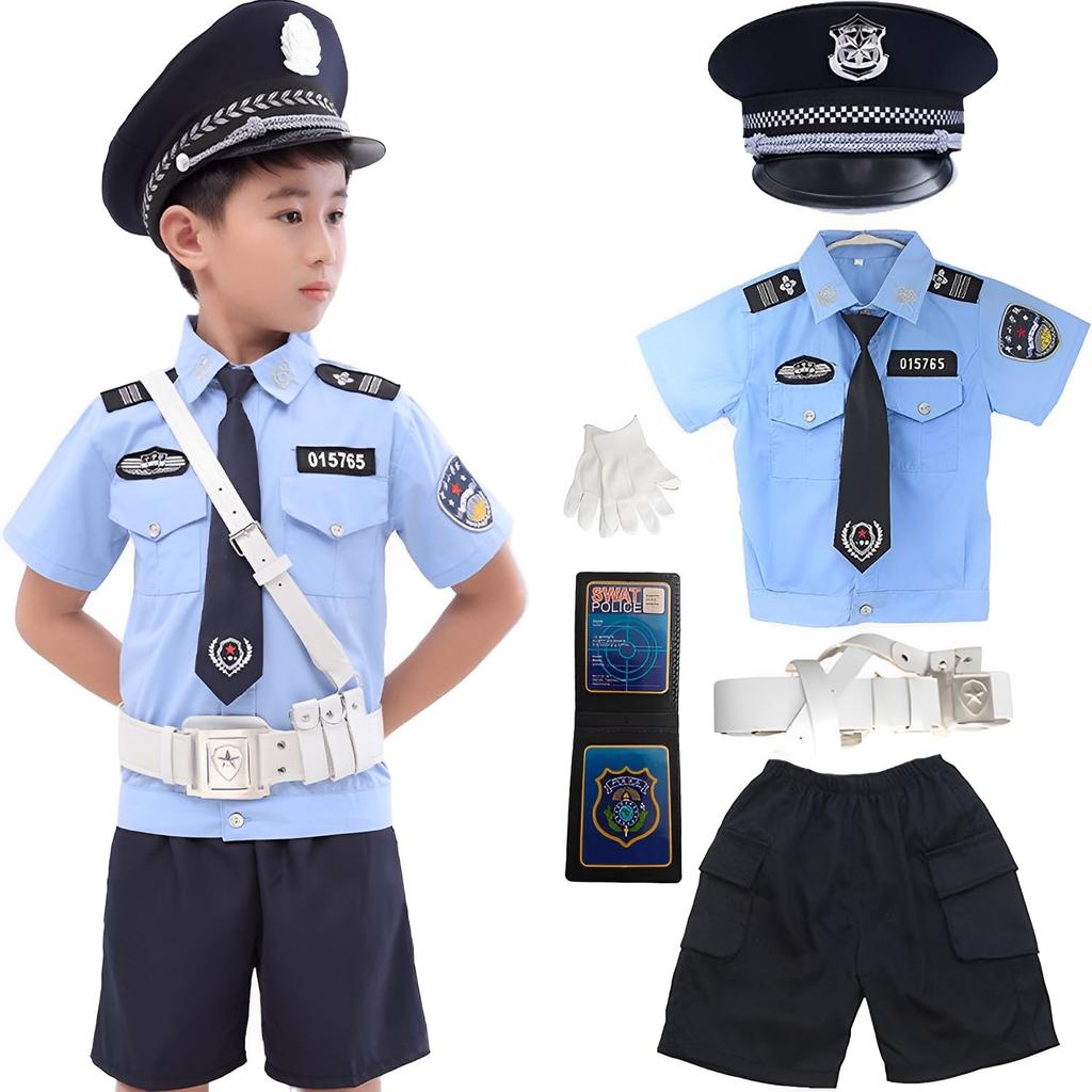 ALIPTA Kids Police Costume 7-Piece Set Short-Sleeve Uniform & Shorts (Size 130 / Color 7-Piece Set)