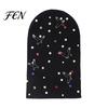 Autumn Winter Trendy Cap Colorful Rhinestone Knitted Hat, Faux Pearl Safety Pin Punk Knit Windproof Hat Bling Warm Hip Hop for Women Street