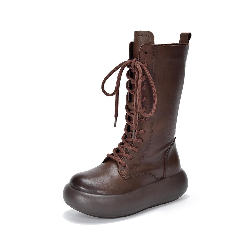 Johnature Ботинки до середины икры из натуральной кожи с круглым носком и толстой подошвой, в стиле ретро, на шнуровке, с боковой молнией, универсальные женские ботинки