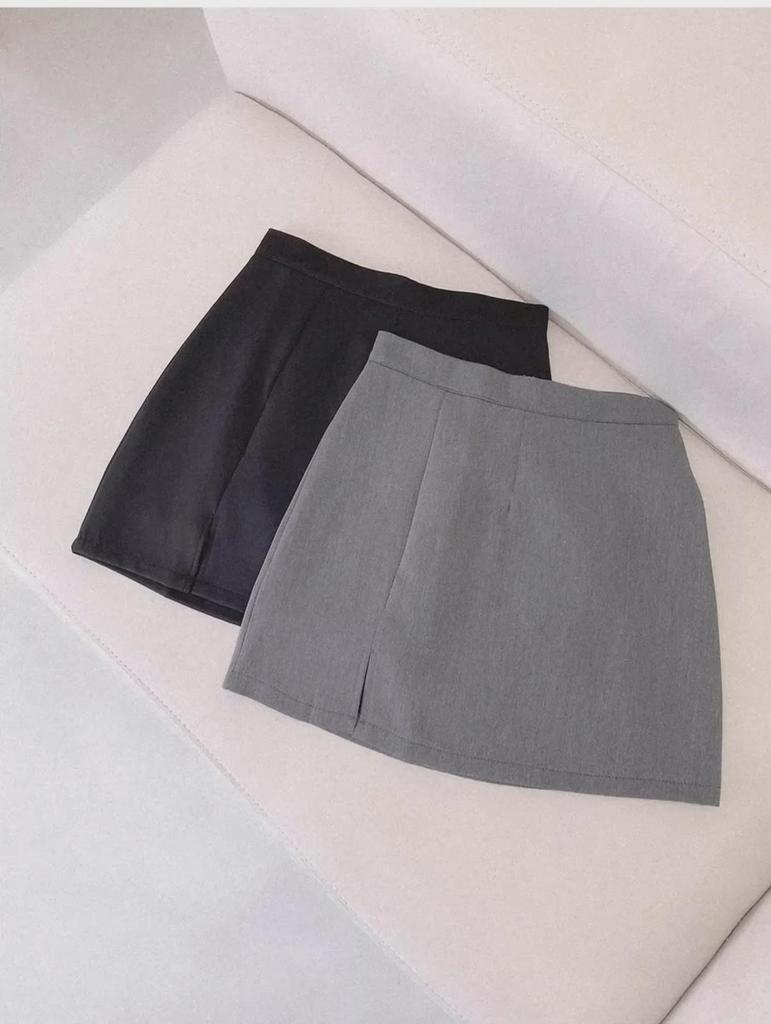 Women's Summer 2024 Slim Gray A-Line Skirt: High-Waisted Slit, Workwear Style, Knee-Length