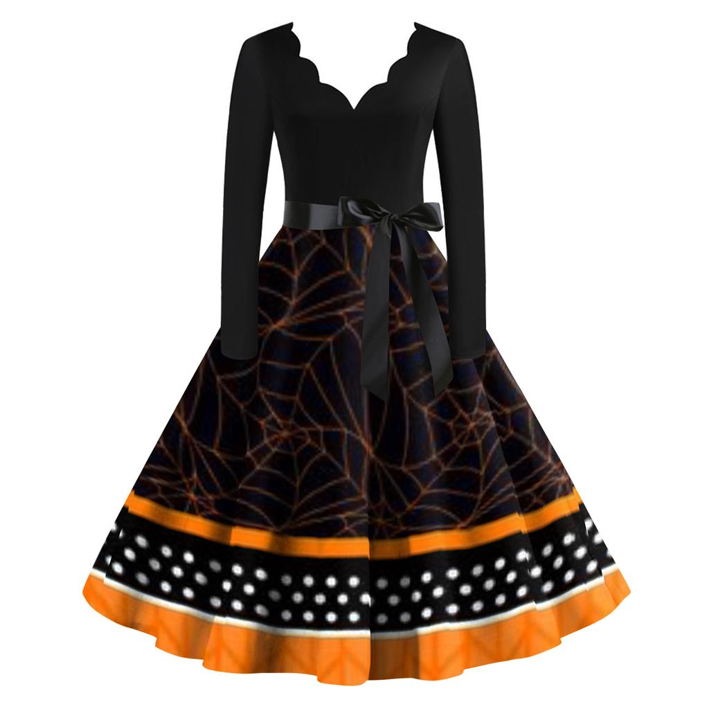 Женское винтажное классическое платье с вырезом на талии и галстуком-бабочкой с длинными рукавами на Хэллоуин с принтом и V-образным вырезом, свободное платье