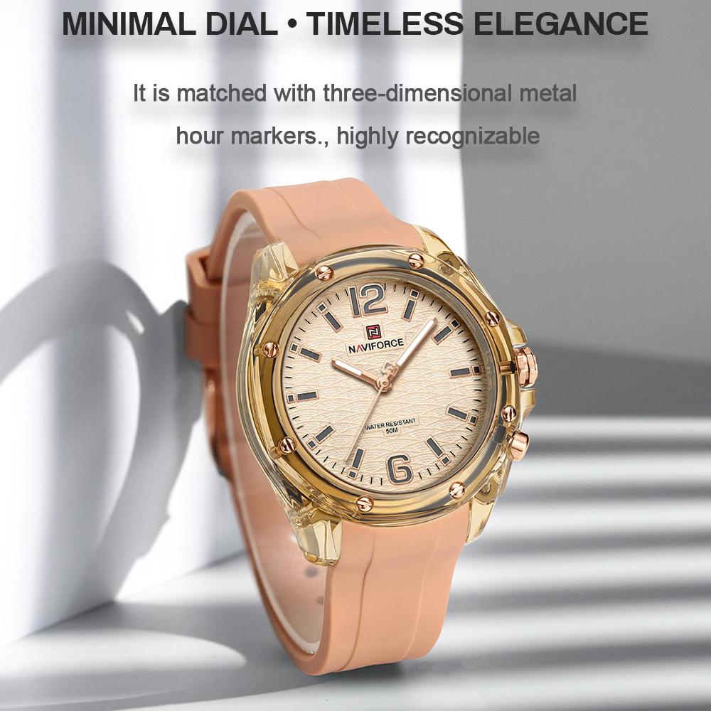 Naviforce Женские простые часы Кварцевый механизм Светящиеся стрелки Водонепроницаемость 50 м Силиконовый ремешок Легкие Женские Девичьи Повседневные Модные часы NF6103