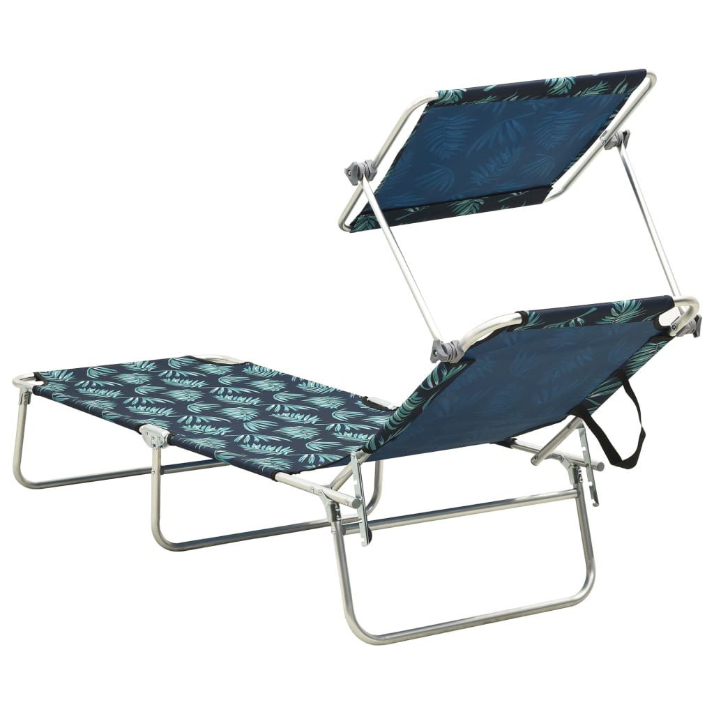 Folding Sun Lounger with Canopy Leaf Pattern Aluminum