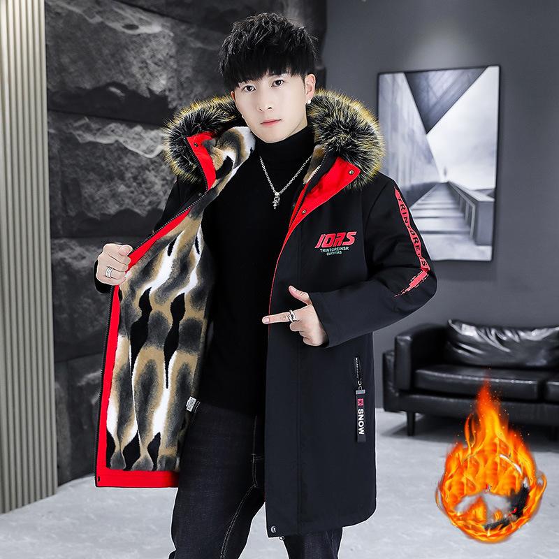Men's Winter Letter Print Warm Parka Padded Thickened Long Outdoor Windproof Padded Jacket Fur Collar Hooded Jacket