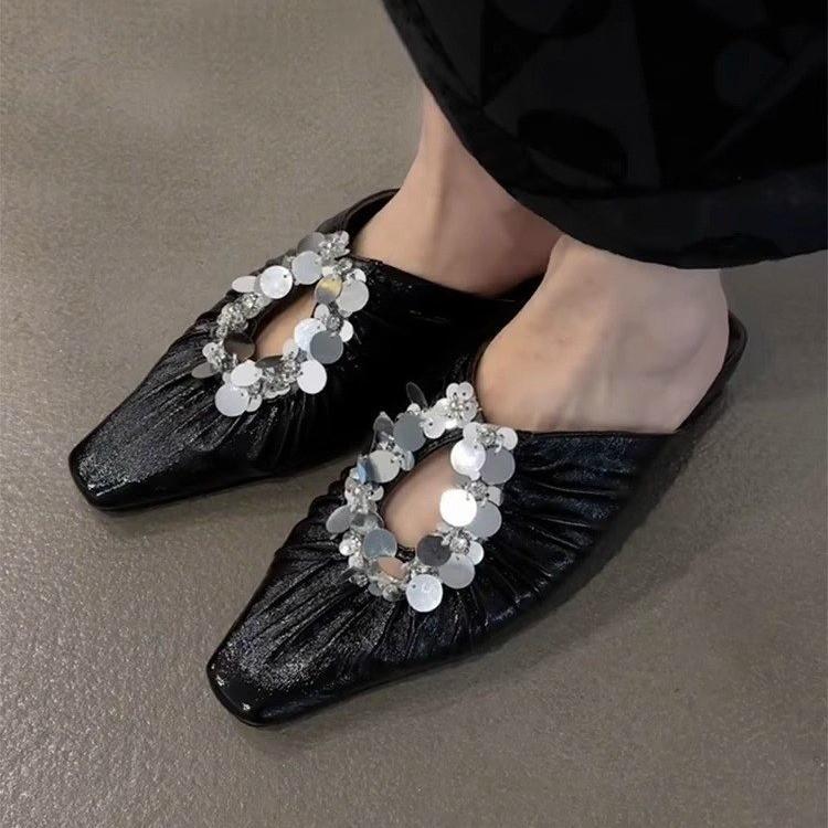 Версия из овчины~ Французские квадратные с пайетками крутые тапочки на одном каблуке, темпераментная серебристая сумка на носок, женские полутапочки