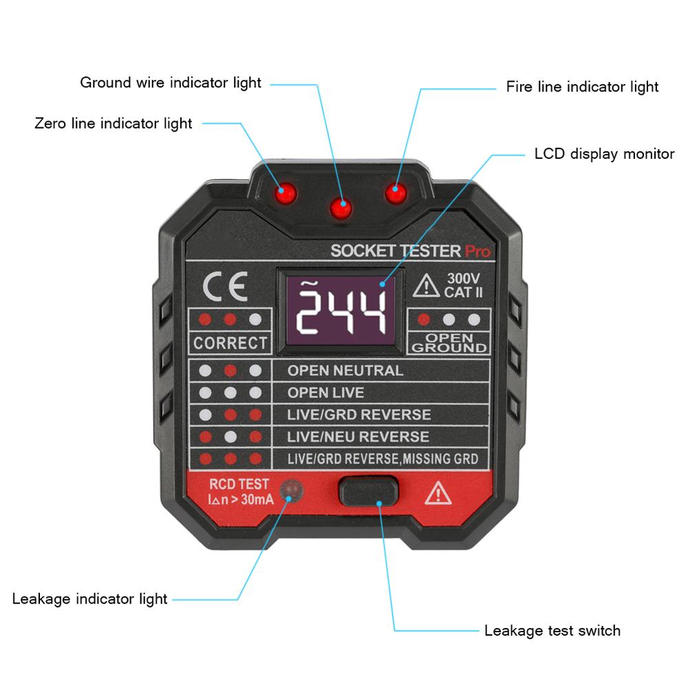 KKmoon KKM5 Digital Display Socket Detector Portable Circuit Polarity Voltage Tester Wall Plug Breaker Finder RCD Test