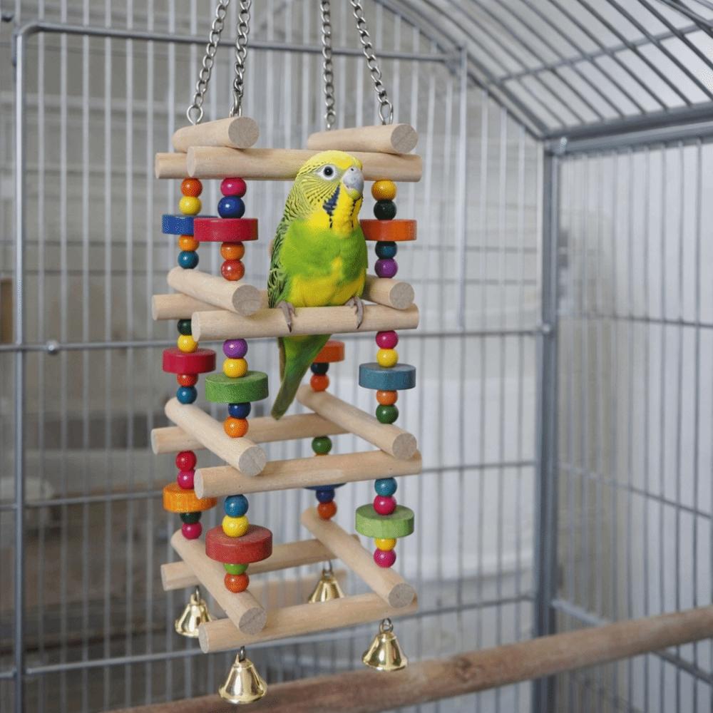 Colorful Wooden Parrot Chew Toys Hanging with Bells Parrot Swing Toy Bite Resistant Multi Layer Bird Climbing Ladder Cage Stand