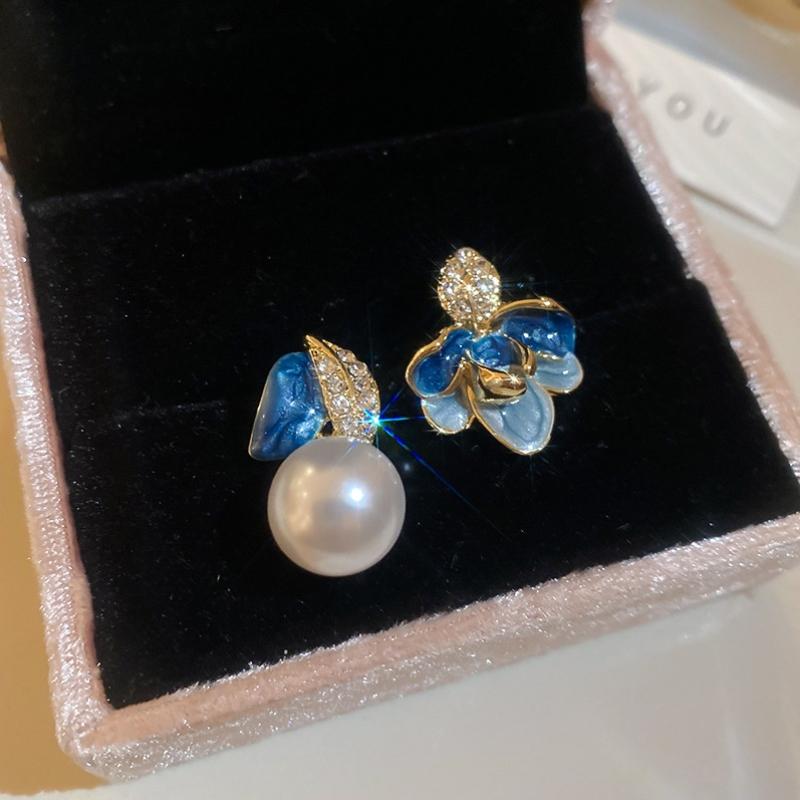 Серьги-капли с эмалью синего цвета, имитацией жемчуга, цветами и асимметричными глазурованными листьями для женщин, свадебные, для вечеринок, ювелирный аксессуар