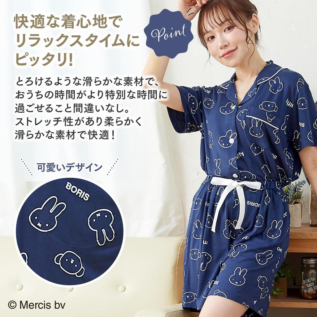 Luanna Jena Miffy Pajama Short Sleeve Shirt and Size QWMI05 Women's Set, Shorts, Spring/Summer, (L, Navy)