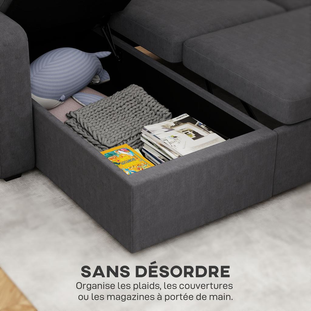 Corner Sofa Bed, Corduroy, 3-Seater, Hidden Storage, Cushions, 205 x 135 x 76 cm, Grey
