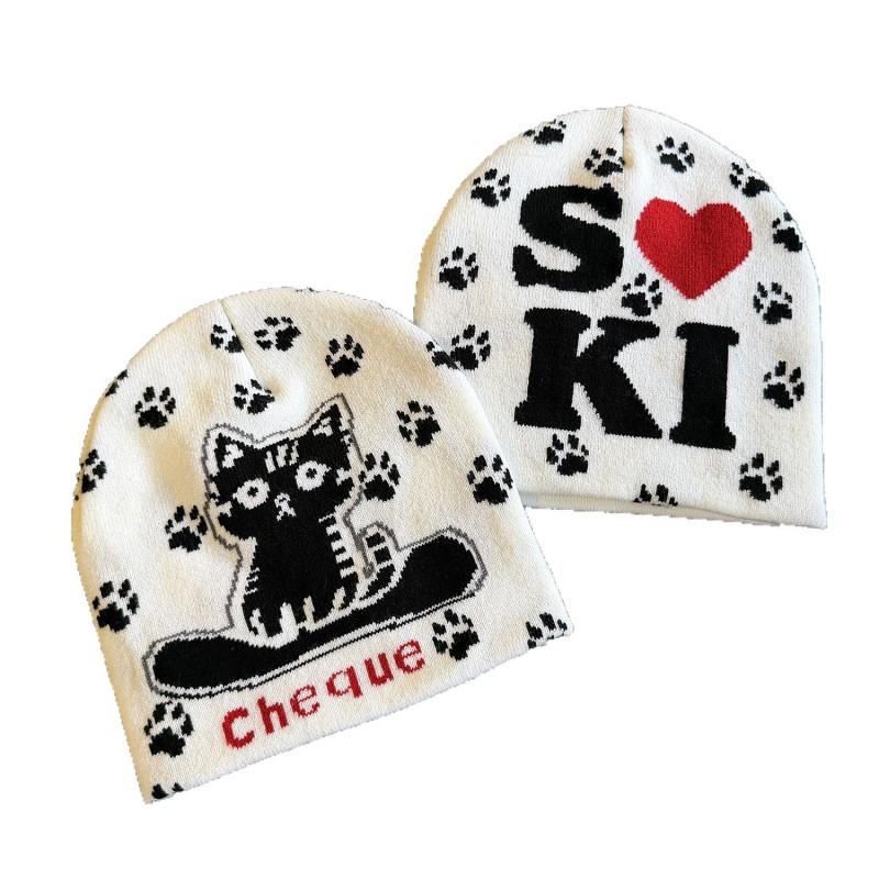 Korean Cute Cat Reversible Knit Beanie Winter Outdoor Ski Warm Hat Women