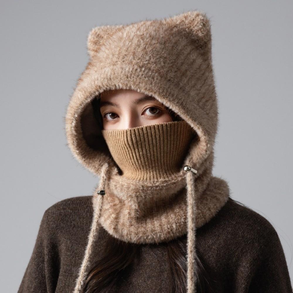 Elastic Hooded Scarf Hat Thickened Mask Neck Warmer Integrated Winter Hat Cat Ears Beanie Travel