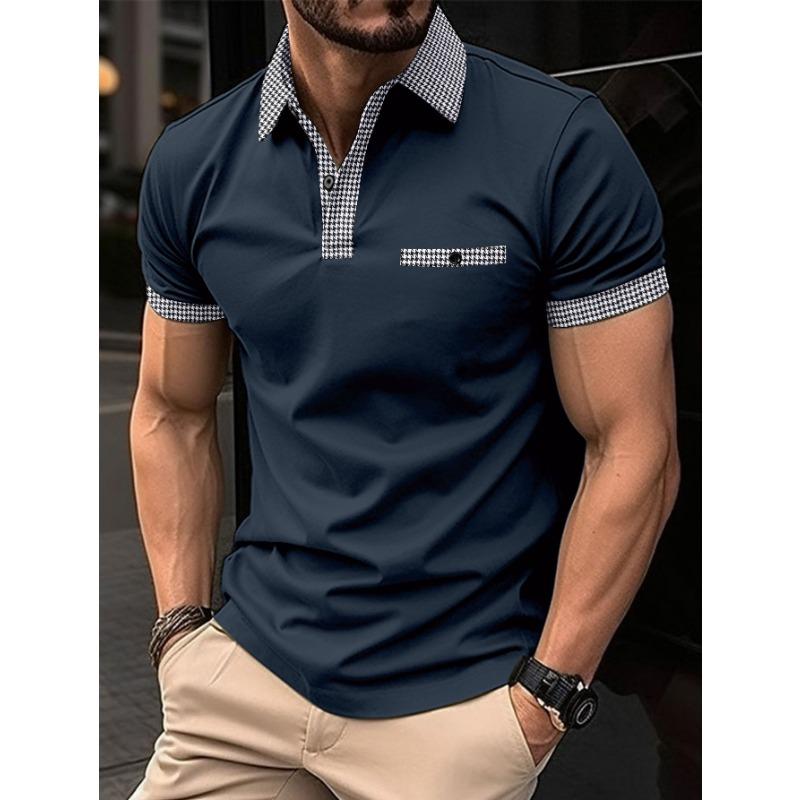 Men's White Houndstooth Patch Pocket Lapel Short Sleeve Slim Fit Polo Shirt