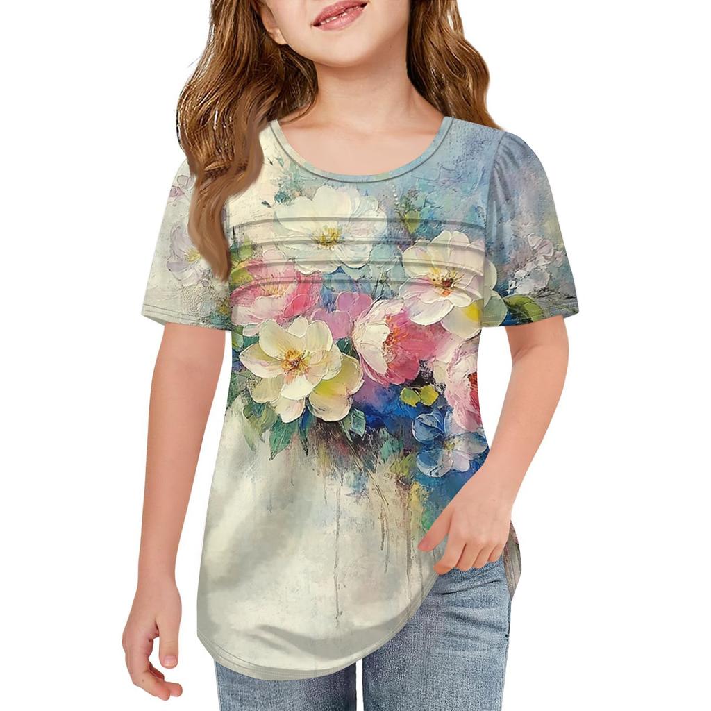 Детские футболки-складки, летние футболки с короткими рукавами и круглым воротником, с принтом цветов, пальто для отдыха