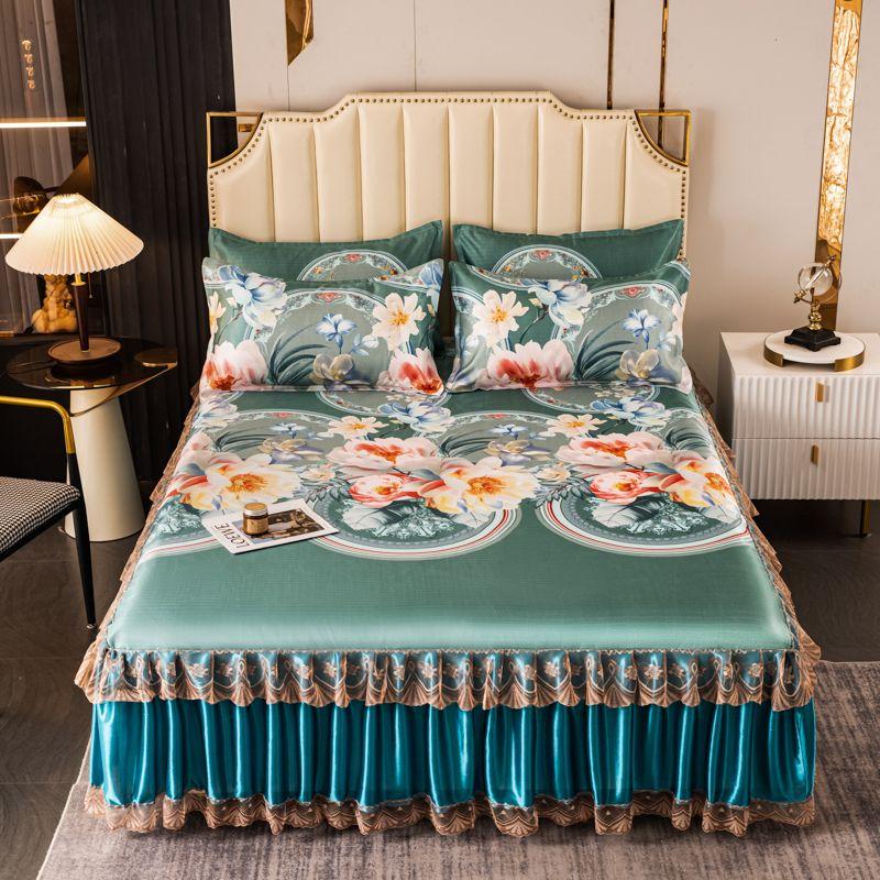 3 шт./лот, комплект двуспальных простыней, классическая кружевная королевская синяя простыня, юбка, можно стирать в машине, свадебное покрывало, наматрасник