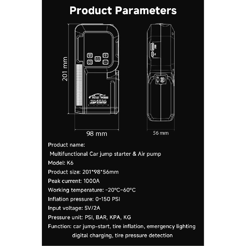 Portable 2000A Car Jump Starter 150PSI Air Compressor 80.6Wh Power Bank Air Pump Tire Inflator Car Ignition Starter Booster