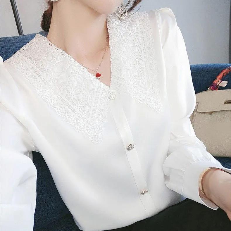 WTEMPO Элегантные однотонные шифоновые рубашки большого размера, женские кружевные лоскутные топы с V-образным вырезом и длинными рукавами на пуговицах