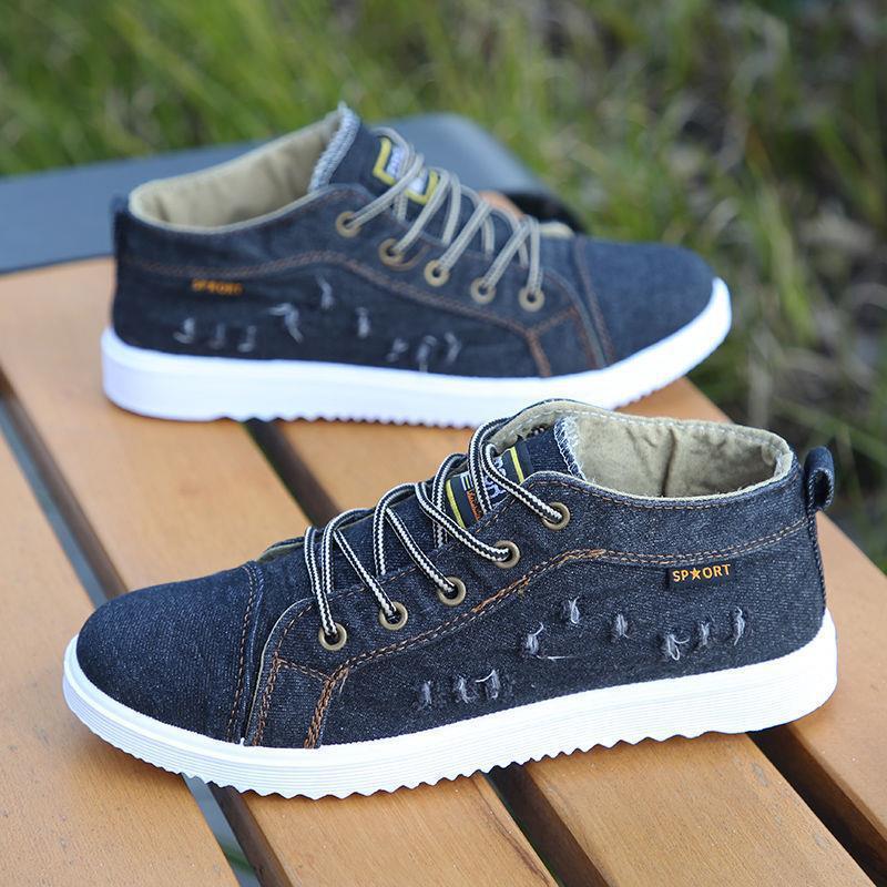 Мужская повседневная обувь в британском стиле, джинсовые кроссовки из парусины, высокие черные мужские ботильоны, обувь на плоской подошве, Chaussure Homme 2024