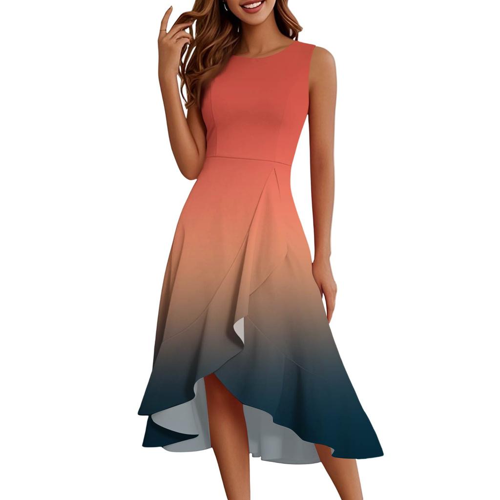 Женские модные повседневные платья без рукавов с круглым вырезом и принтом, элегантные, темпераментные, с оборками