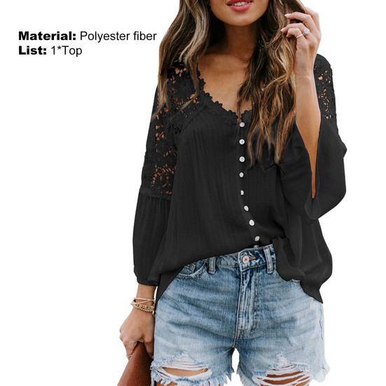 Женская блузка, сплошной цвет, кружевной пуловер, топ с расклешенными рукавами и V-образным вырезом