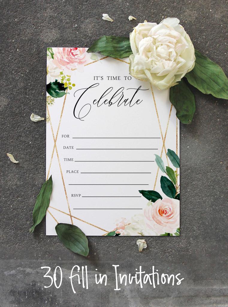 Inkdotpot Набор из 30 штук, Время праздновать, Приглашения с конвертами, Геометрические румяна, Цветочные, Зелень, Акварельные приглашения на вашу свадьбу