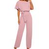 Women's Short Sleeve Jumpsuit Tie Waist Belted Straight Wide Leg Pant Romper Casual Crew Neck One-piece Overall