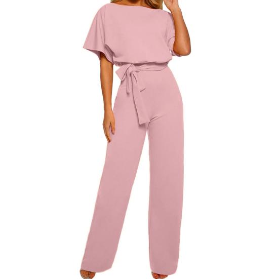 Women's Short Sleeve Jumpsuit Tie Waist Belted Straight Wide Leg Pant Romper Casual Crew Neck One-piece Overall
