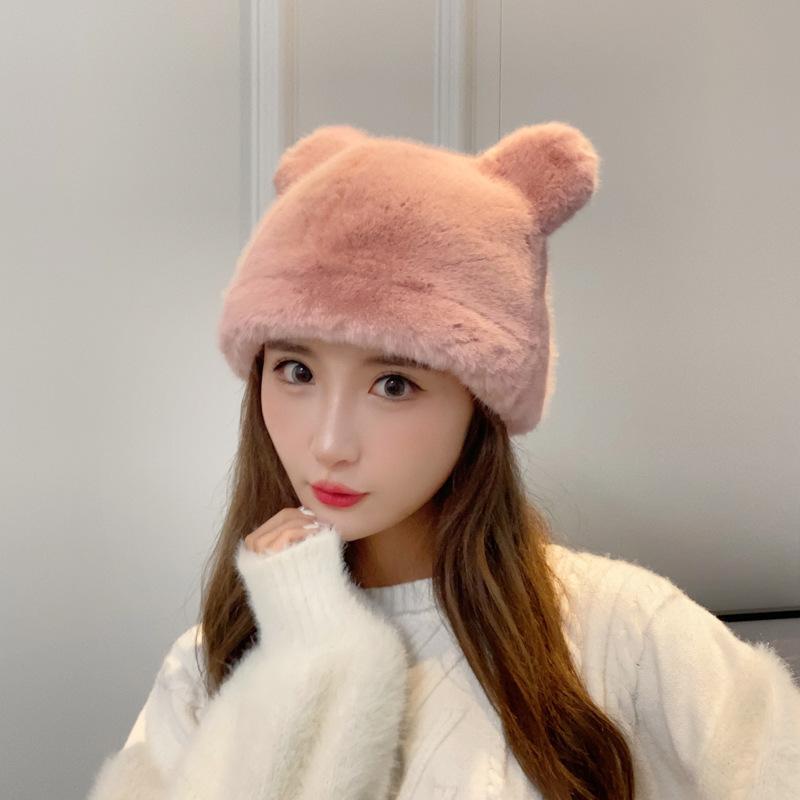 New bear plush hat women's autumn and winter cute thickened warm versatile imitation mink hat cold ear hat