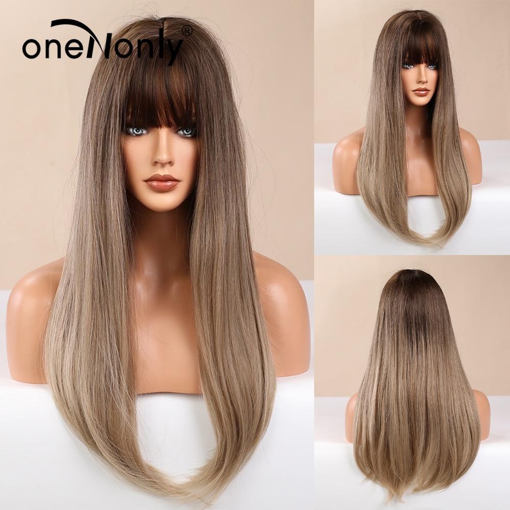 BLONDE UNICORN Long Ombre Blonde Wigs with Bangs Dark Root Synthetic Wigs Straight Hair Wigs for Women Daily Cosplay Use