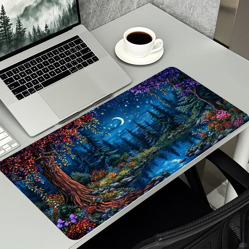 Fantasy Moon Night Forest Deer Mouse Pad Large Black Desk Mat Starry Nonslip Rubber Mousepad Home Stitched Enchanted Night