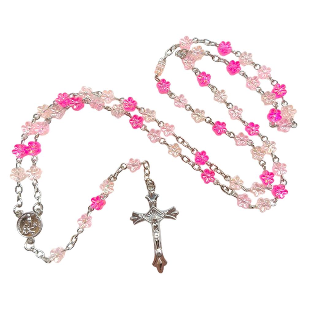 Catholic Flower Beads Rosary Necklace Crosses Religious Chain Church Prayer Pendants Jewelry for Womens Baptisms Gift
