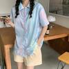 Женские цветные рубашки с лацканами, летние с коротким рукавом, женская однобортная рубашка, женская одежда свободного уличного стиля