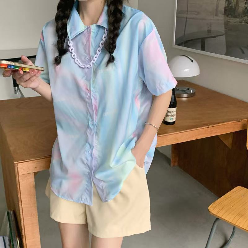 Женские цветные рубашки с лацканами, летние с коротким рукавом, женская однобортная рубашка, женская одежда свободного уличного стиля