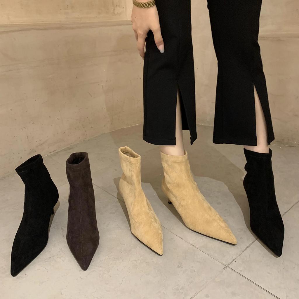 Винтажные ботильоны женские туфли модные с острым носком осень-зима на низком каблуке женские элегантные эластичные узкие короткие сапоги из флока