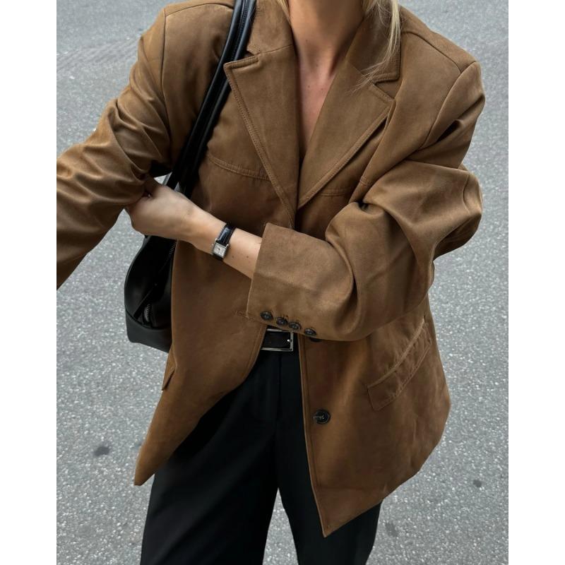 Женский замшевый однобортный пиджак с длинными рукавами и большим карманом, однотонный повседневный пиджак, весна-лето для женщин