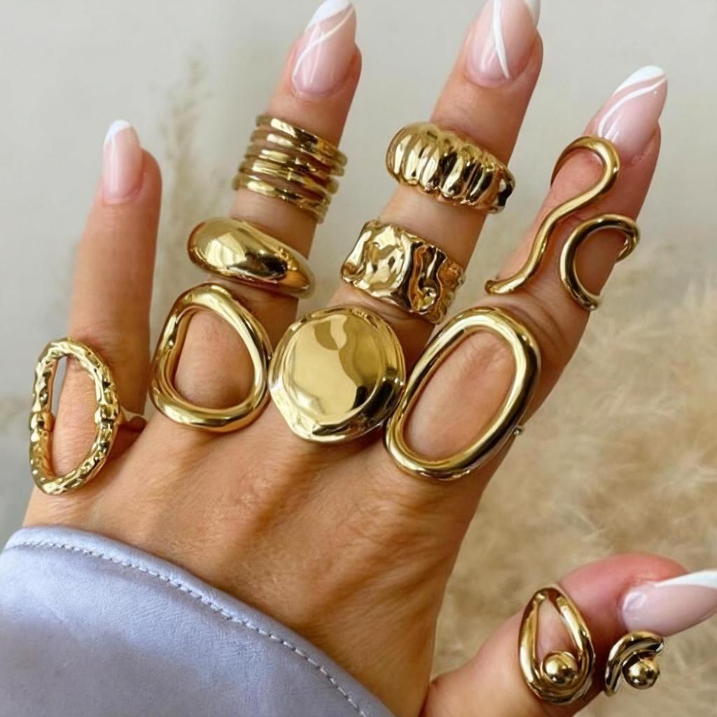 10pcs Set Vintage Old Coin Style Asymmetrical Open Ring For Women Fashion CCB Geometric Hollow Decor Rings Vacation Date Jewelry